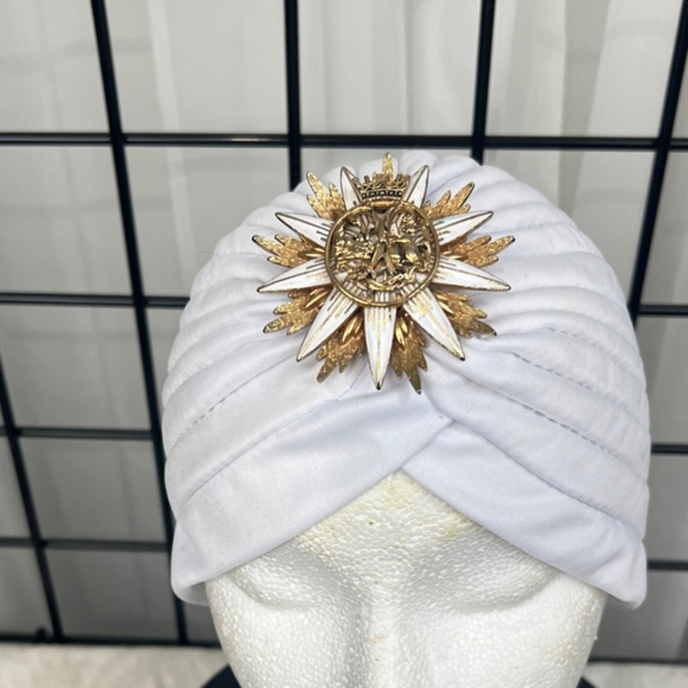 White Turban Headband with Gold Sunburst Brooch